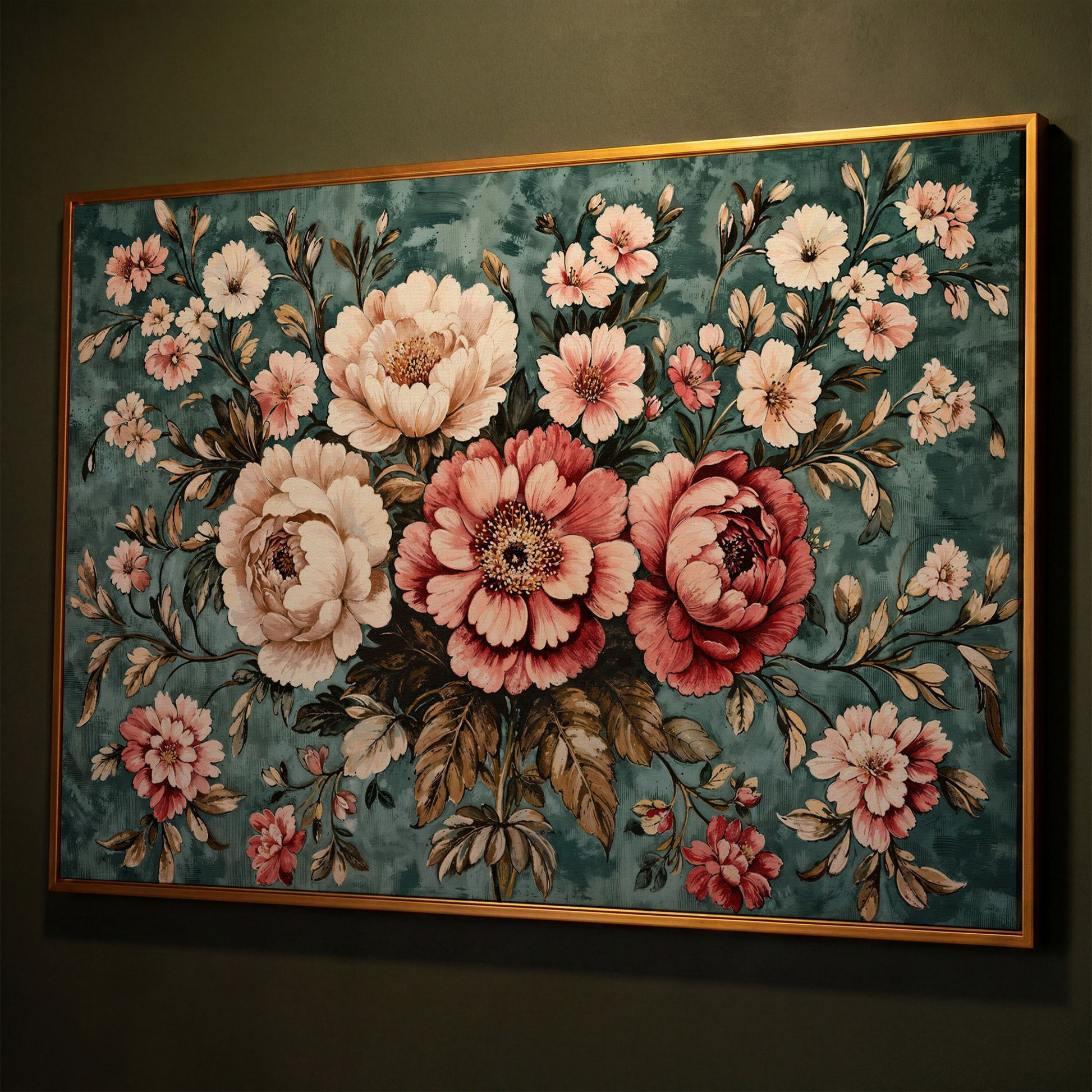 Pink Peonies on Teal Canvas Wall Art shown in antique gold floating frame