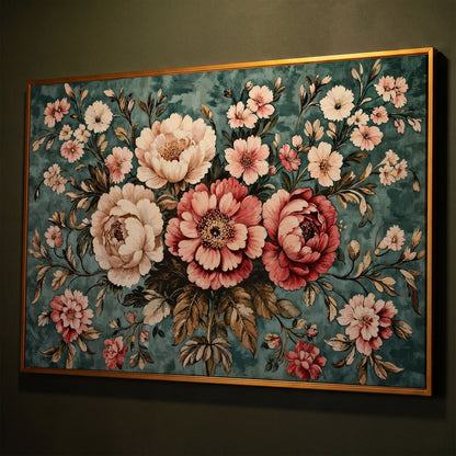 Pink Peonies on Teal Canvas Wall Art shown in antique gold floating frame
