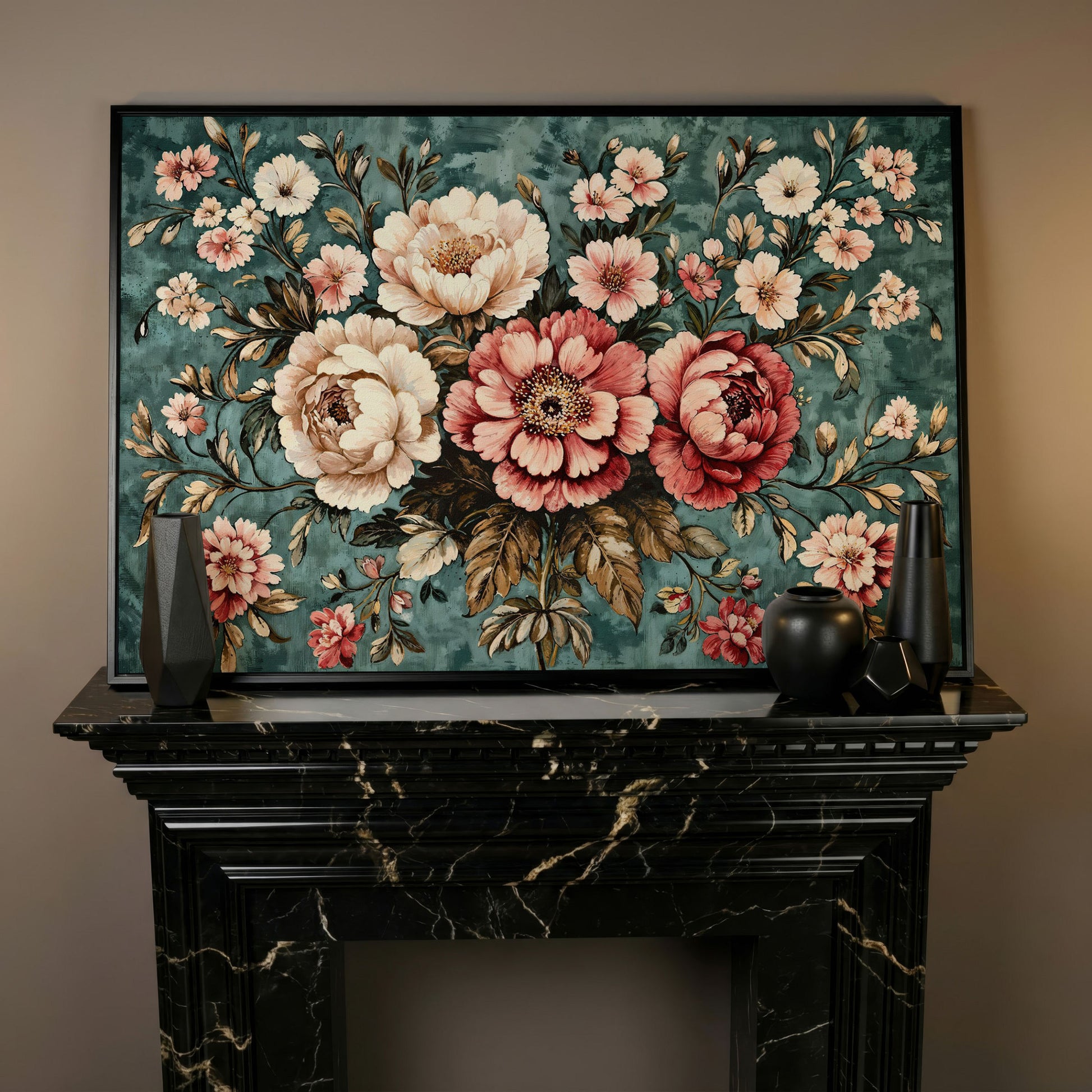 Pink Peonies on Teal Canvas Wall Art in black floating frame