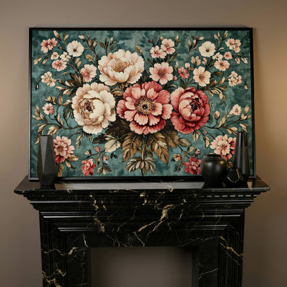 Pink Peonies on Teal Canvas Wall Art in black floating frame