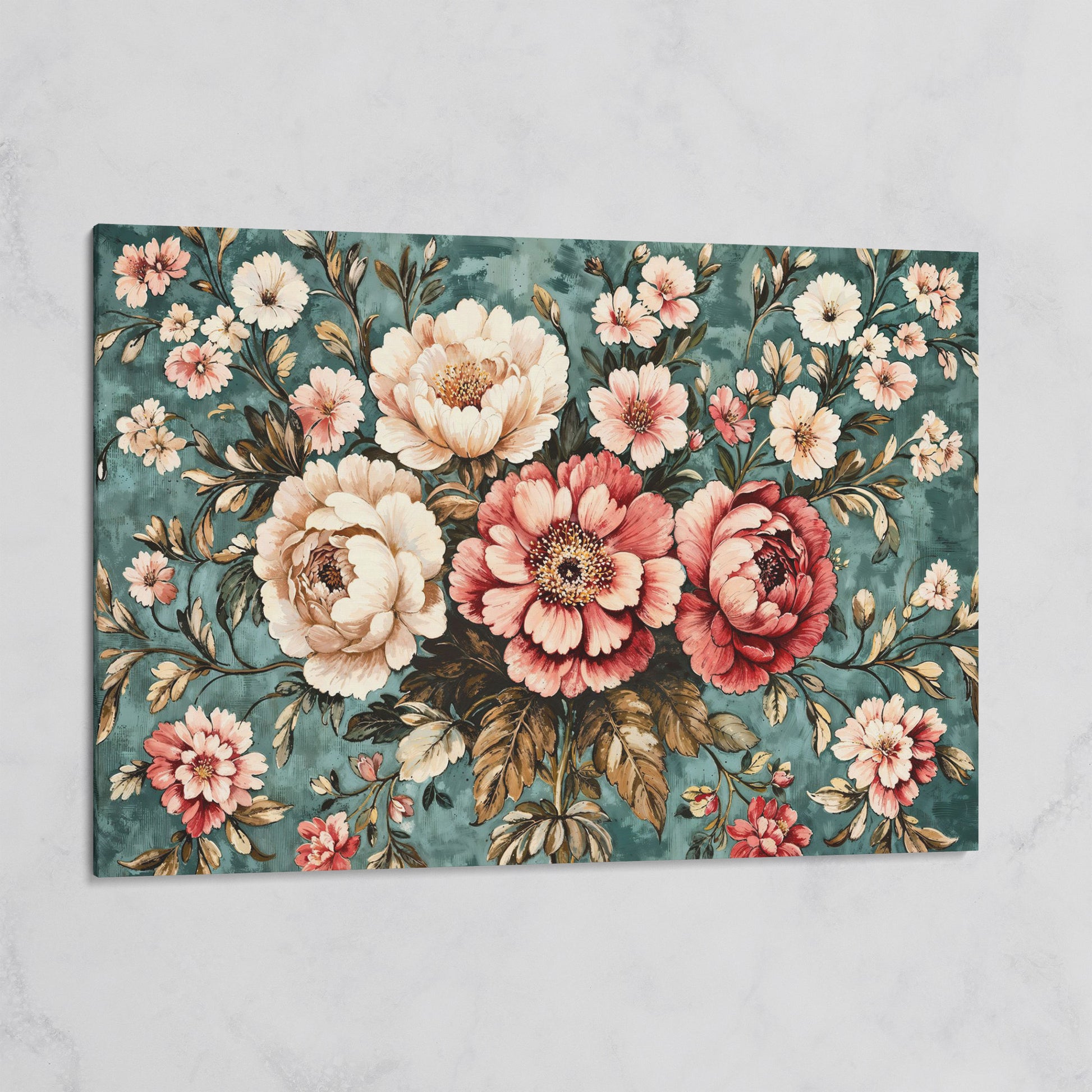 Pink Peonies on Teal Canvas Wall Art on gallery wrap