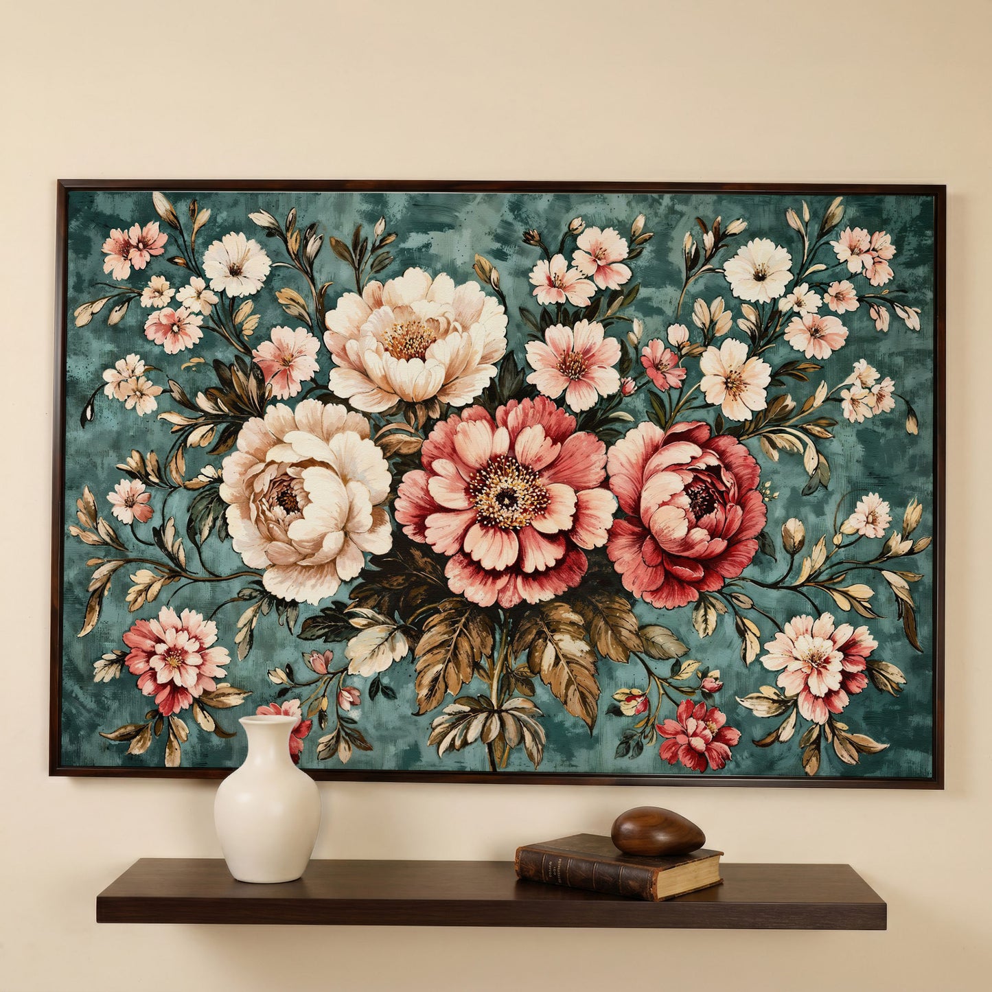 Pink Peonies on Teal Canvas Wall Art in dark walnut floating frame