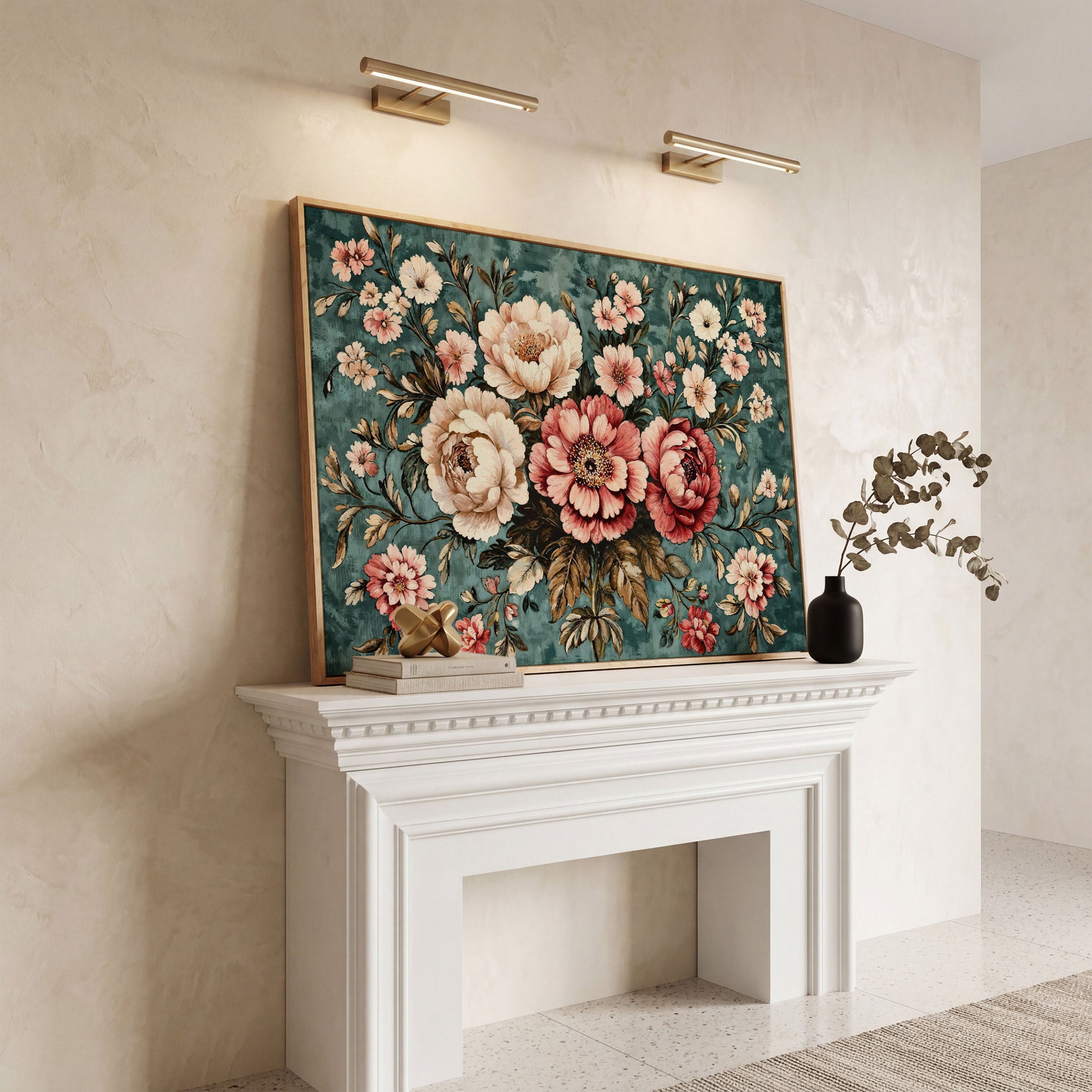 Pink Peonies on Teal Canvas Wall Art in white oak floating frame