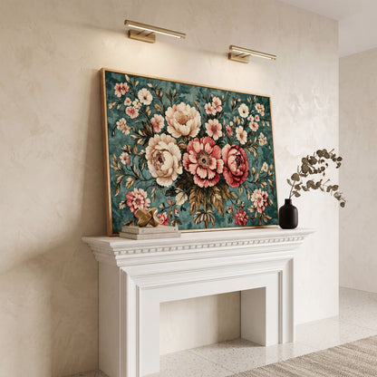Pink Peonies on Teal Canvas Wall Art in white oak floating frame