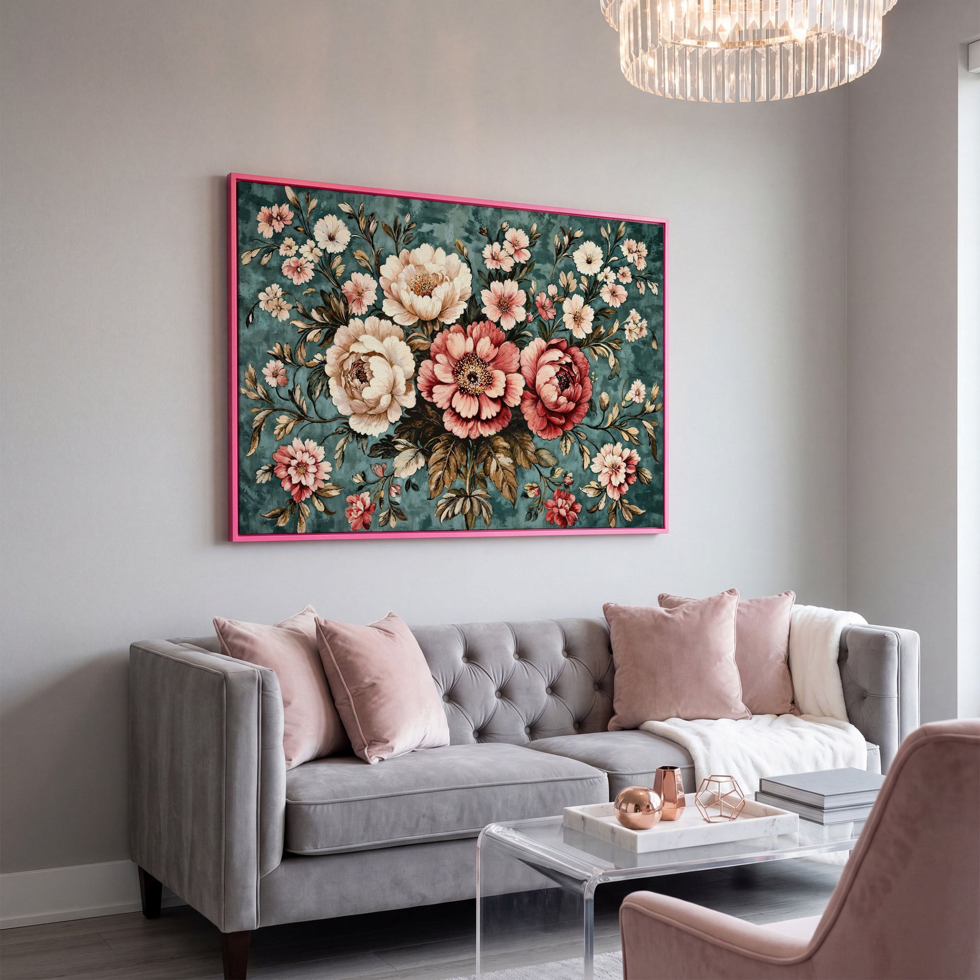 Pink Peonies on Teal Canvas Wall Art in pink floating frame