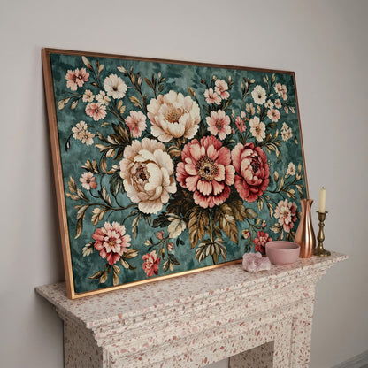 Pink Peonies on Teal Canvas Wall Art in rose gold floating frame