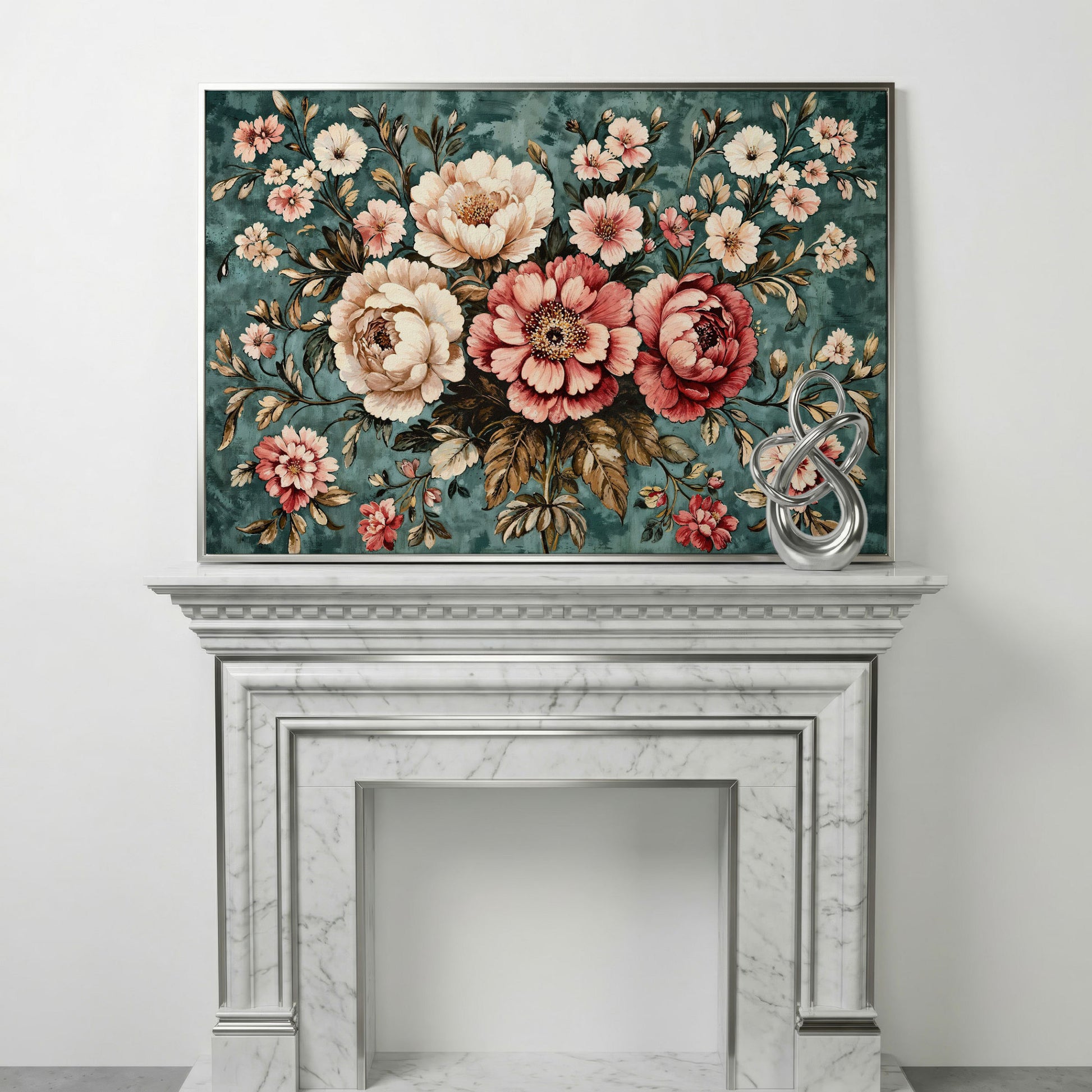 Pink Peonies on Teal Canvas Wall Art in silver floating frame