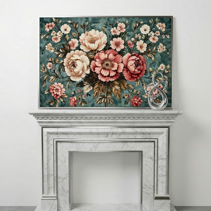 Pink Peonies on Teal Canvas Wall Art in silver floating frame