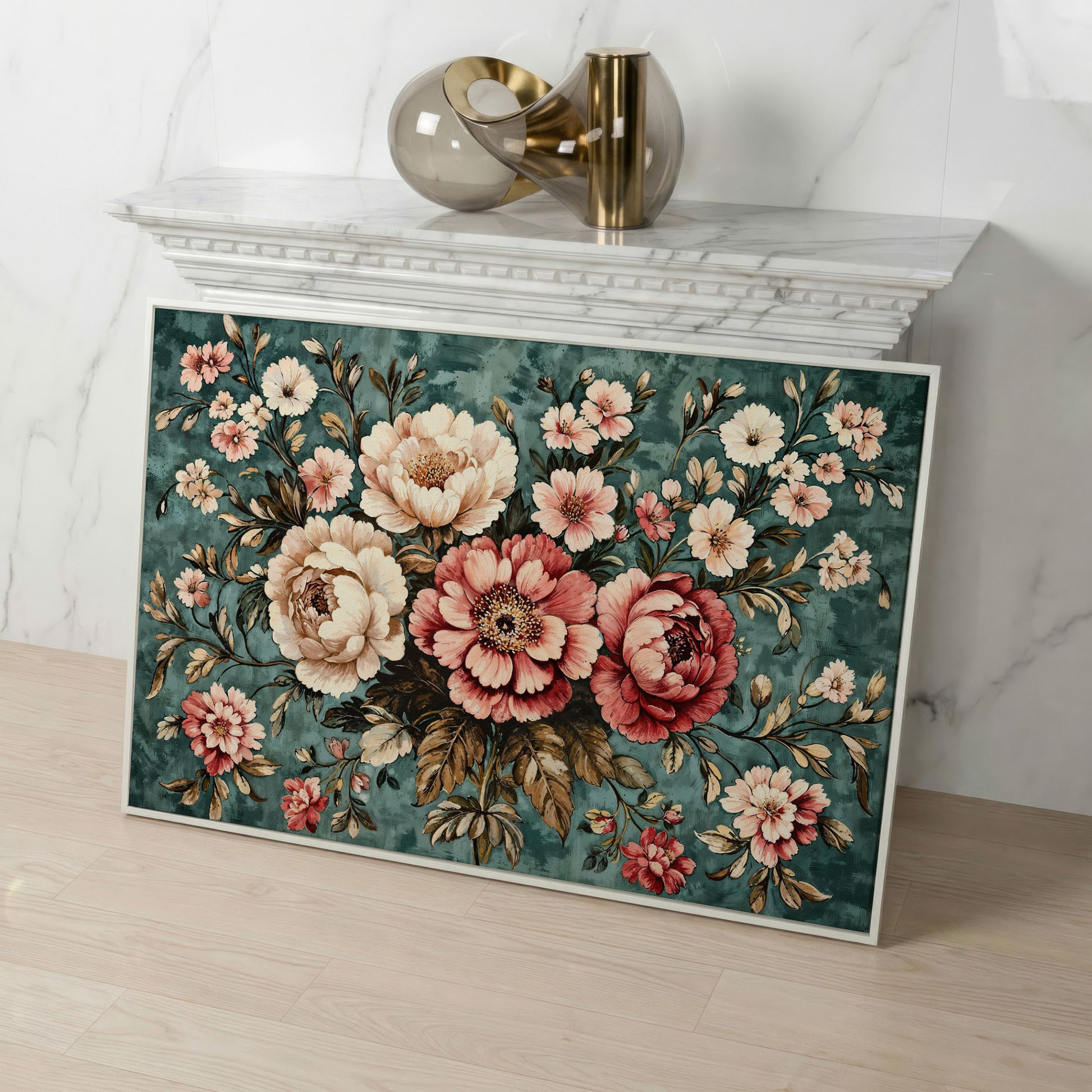 Pink Peonies on Teal Canvas Wall Art in white floating frame
