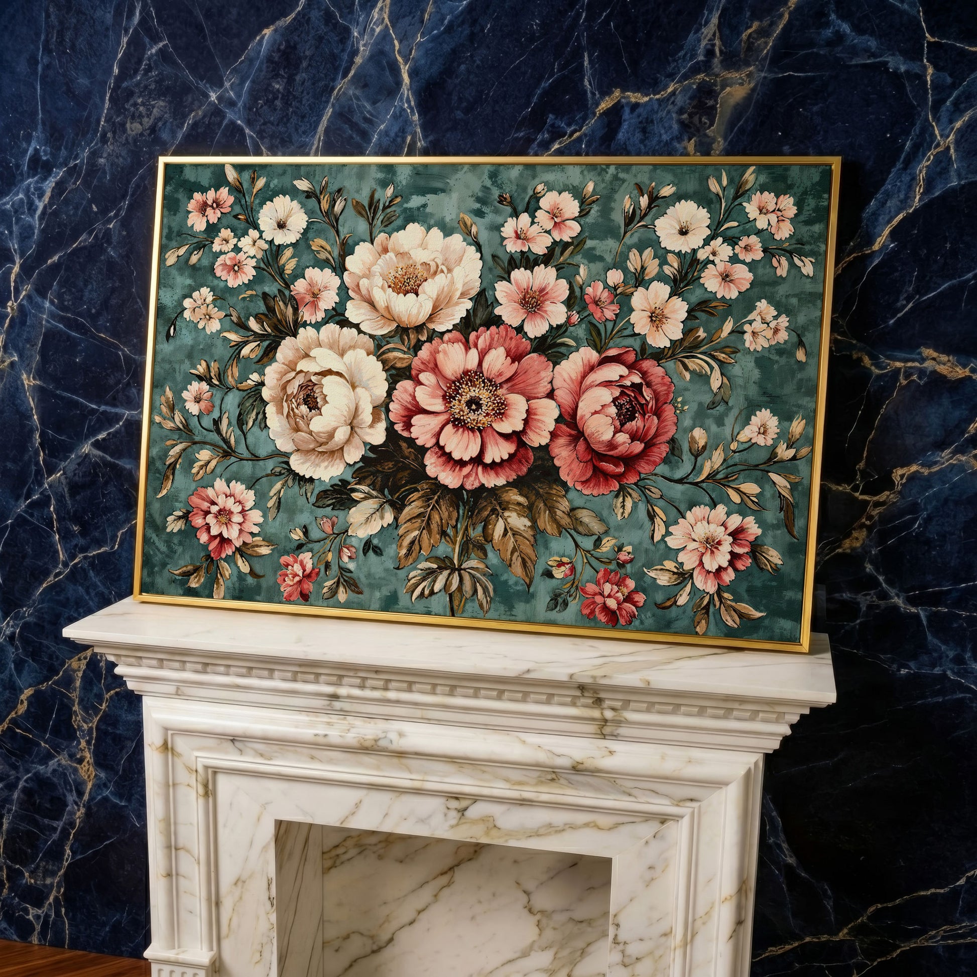Pink Peonies on Teal Canvas Wall Art in yellow gold floating frame