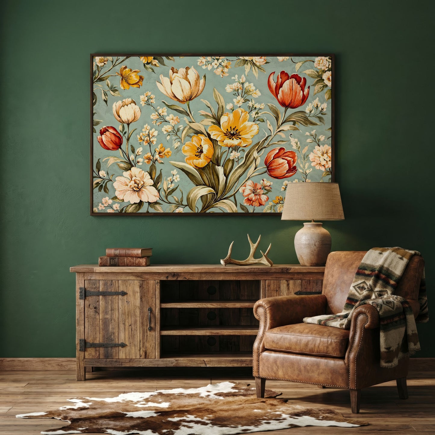Vibrant Tulips Canvas Wall Art in dark walnut floating frame