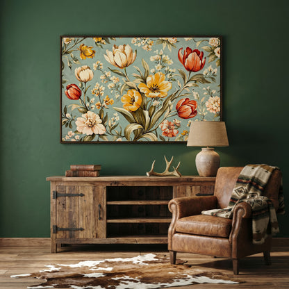 Vibrant Tulips Canvas Wall Art in dark walnut floating frame
