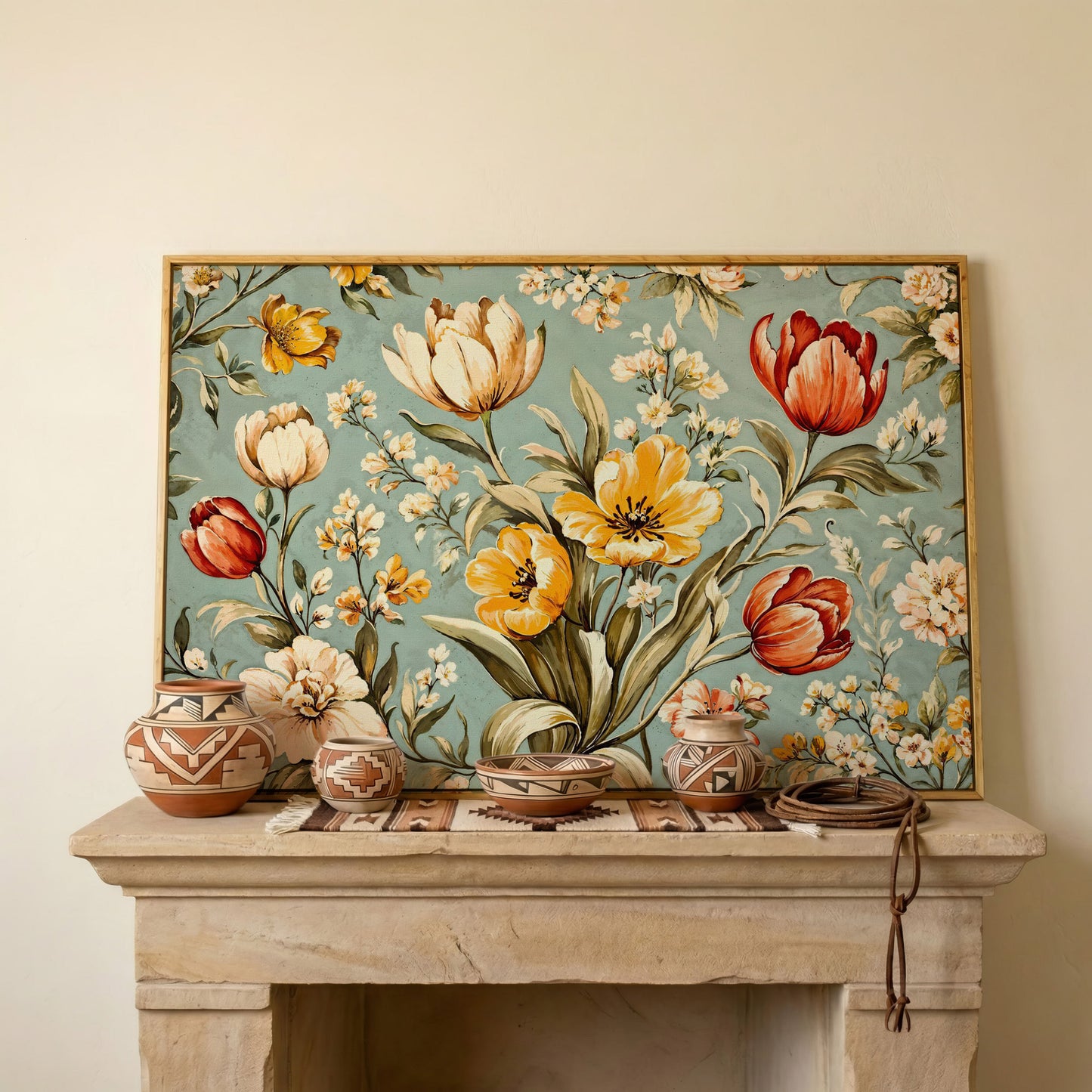 Vibrant Tulips Canvas Wall Art in white oak floating frame