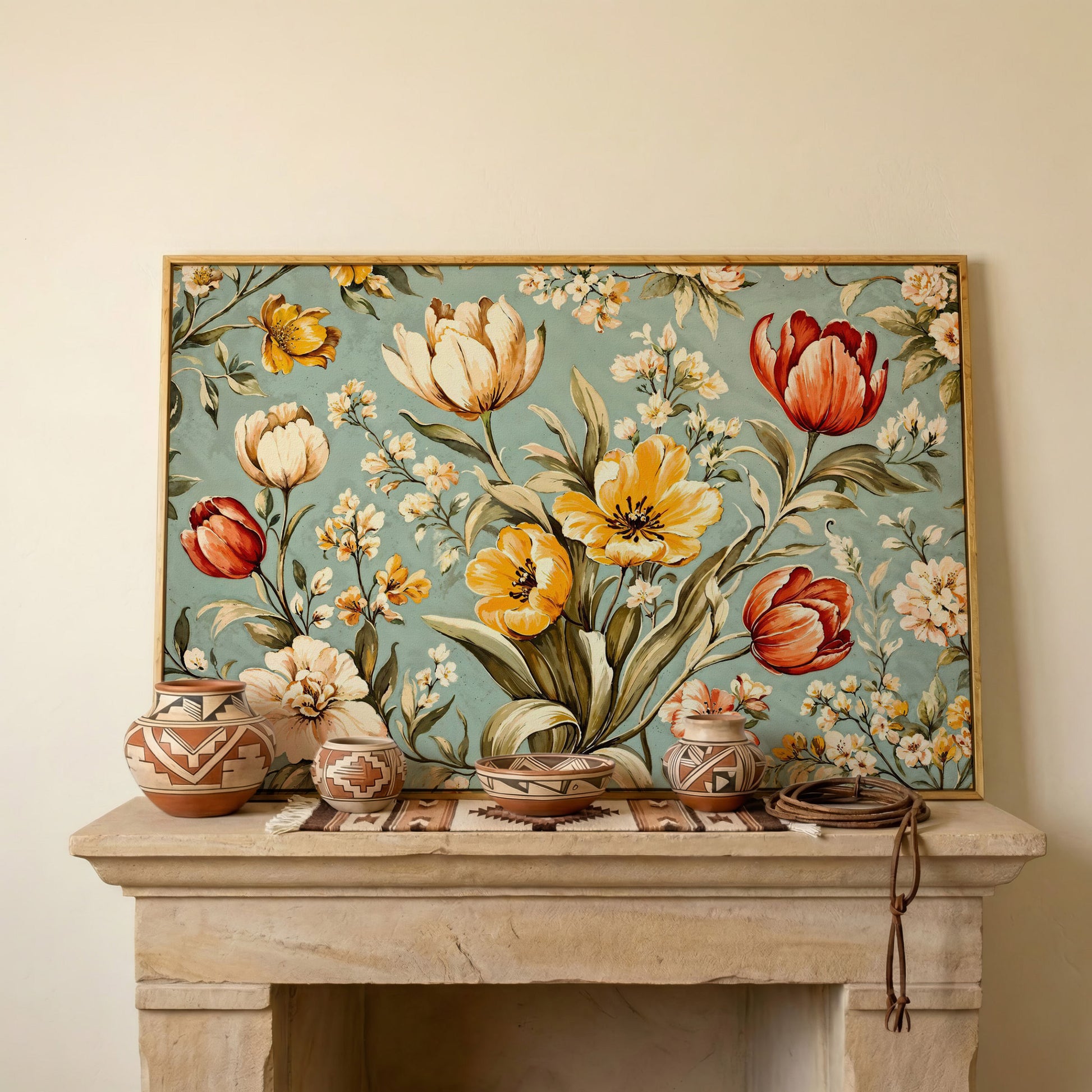 Vibrant Tulips Canvas Wall Art in white oak floating frame