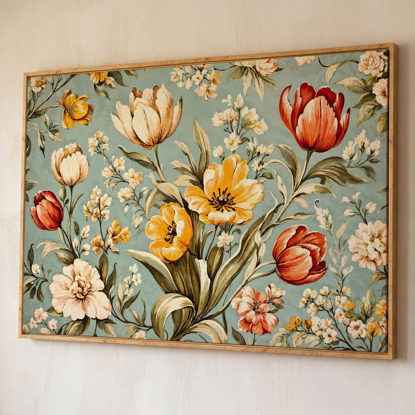 Vibrant Tulips Canvas Wall Art shown in white oak floating frame