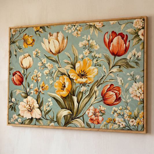 Vibrant Tulips Canvas Wall Art shown in white oak floating frame