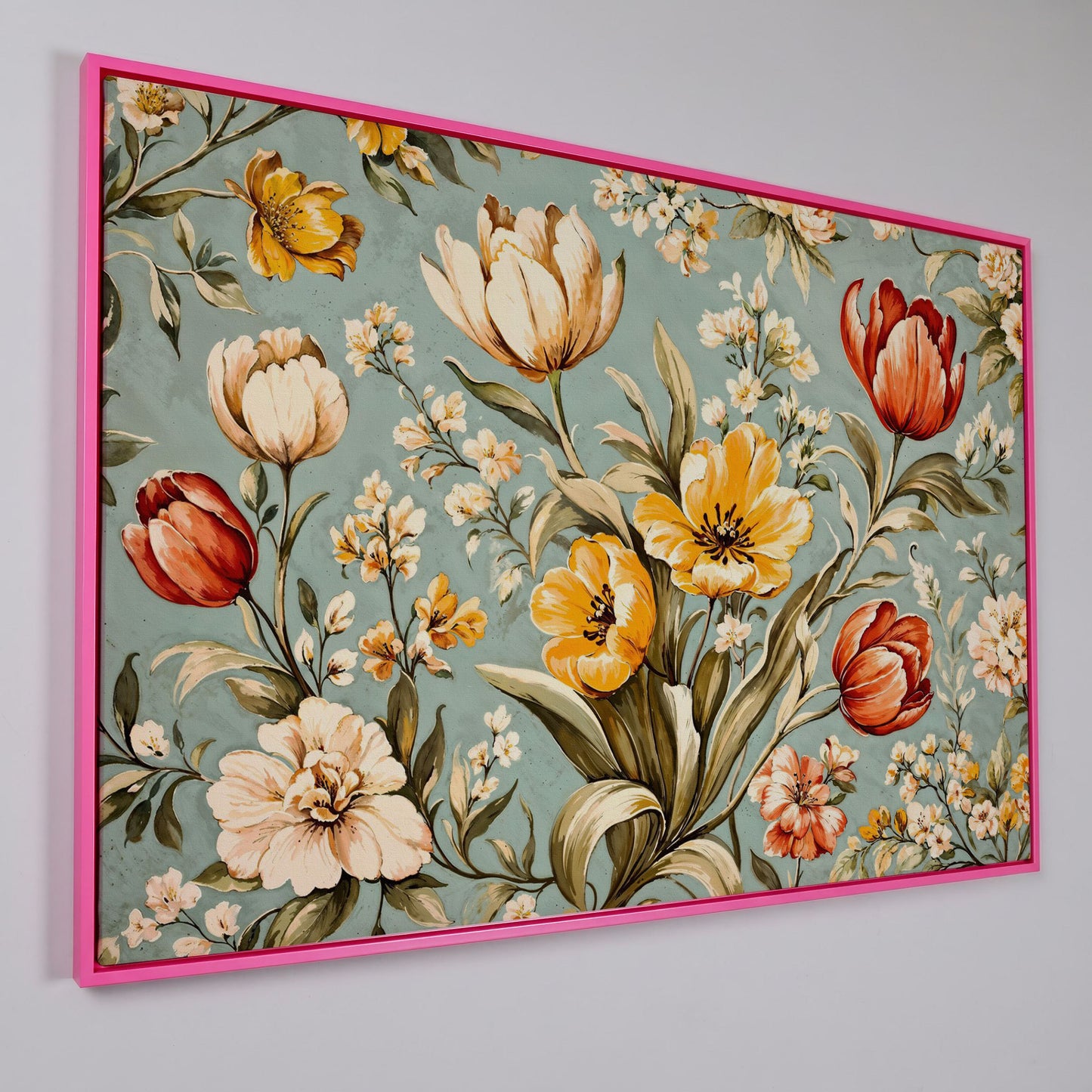 Vibrant Tulips Canvas Wall Art in pink floating frame