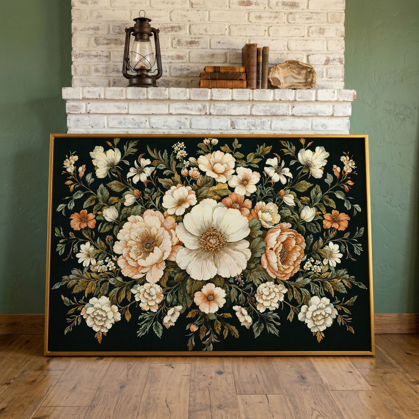 Vintage Floral Bouquet Canvas in antique gold floating frame