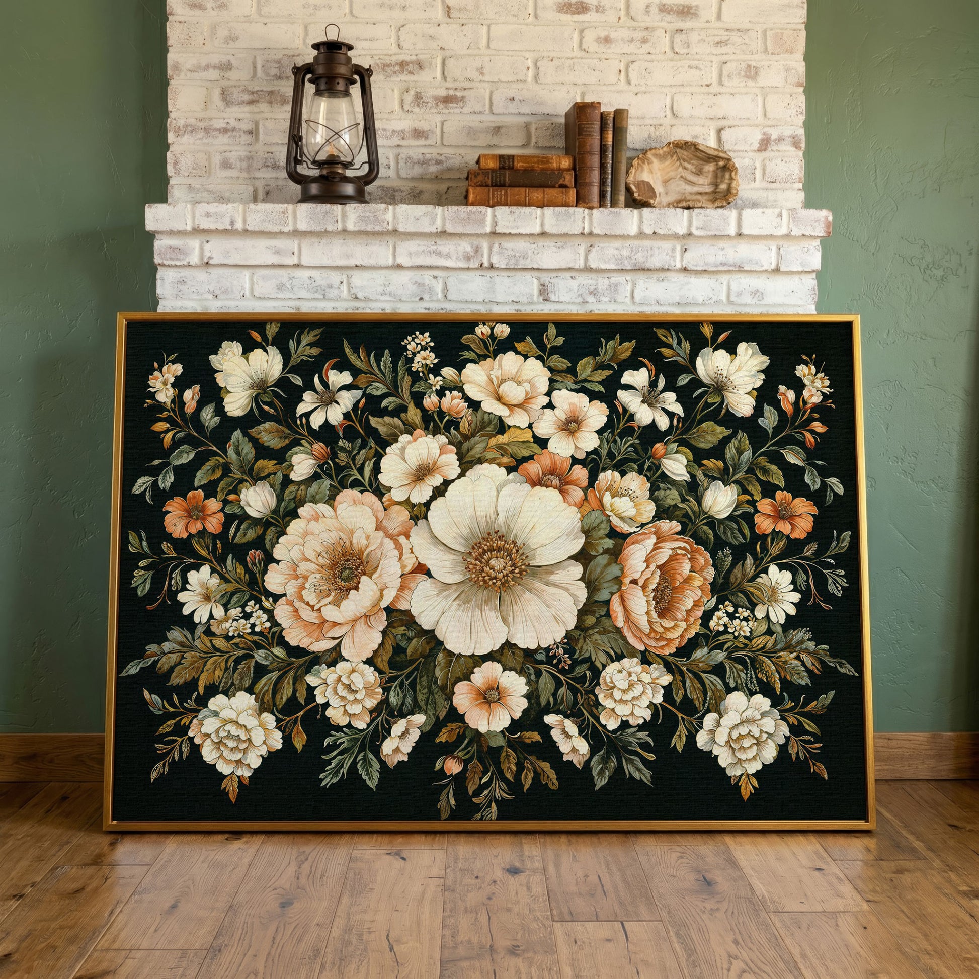 Vintage Floral Bouquet Canvas in antique gold floating frame