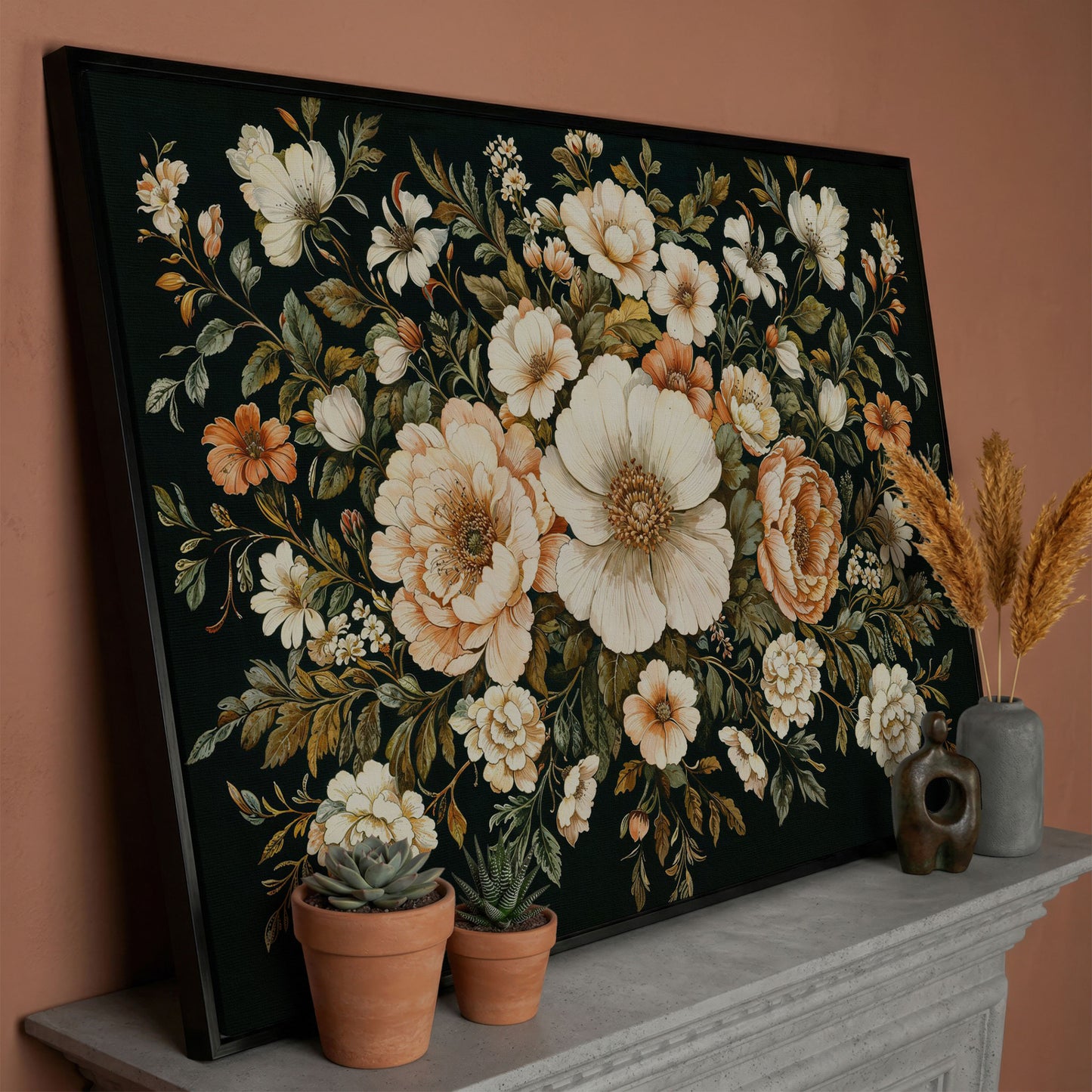 Vintage Floral Bouquet Canvas in black floating frame
