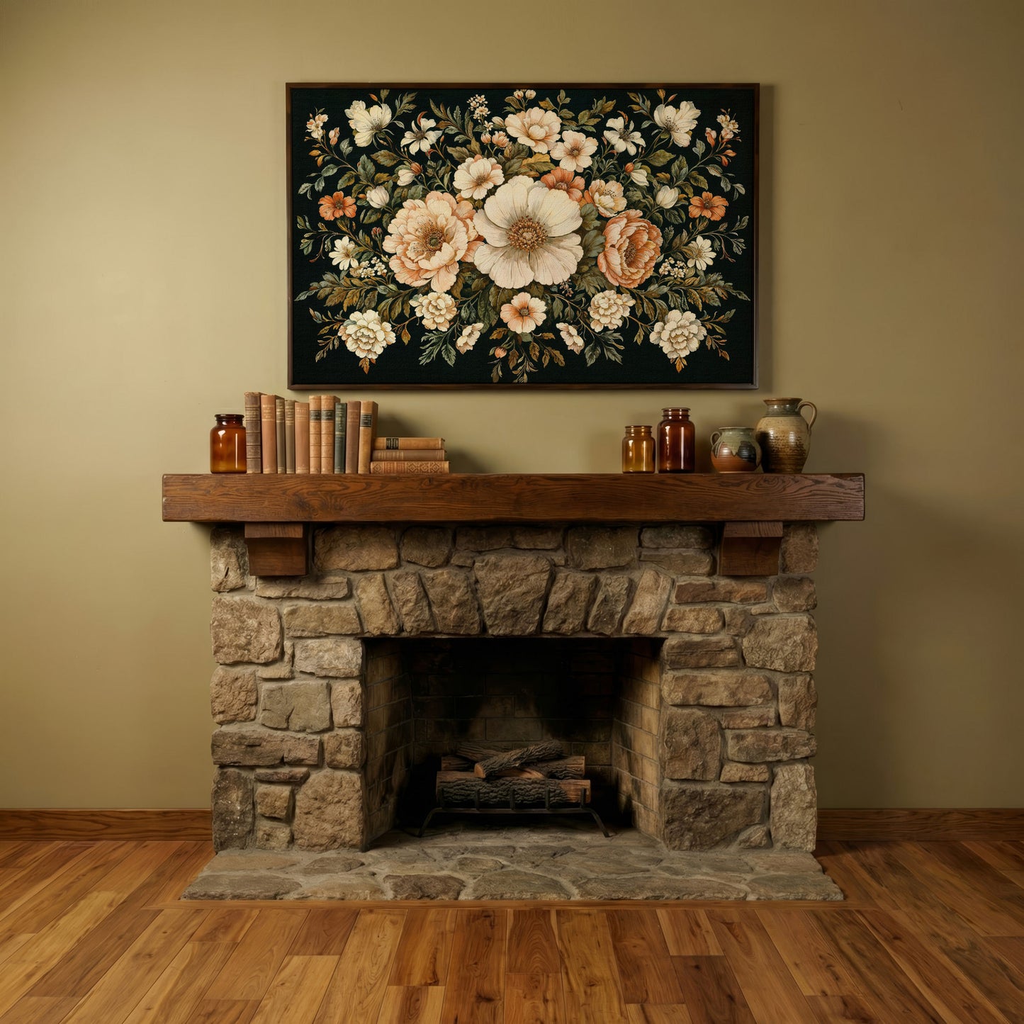 Vintage Floral Bouquet Canvas in dark walnut floating frame