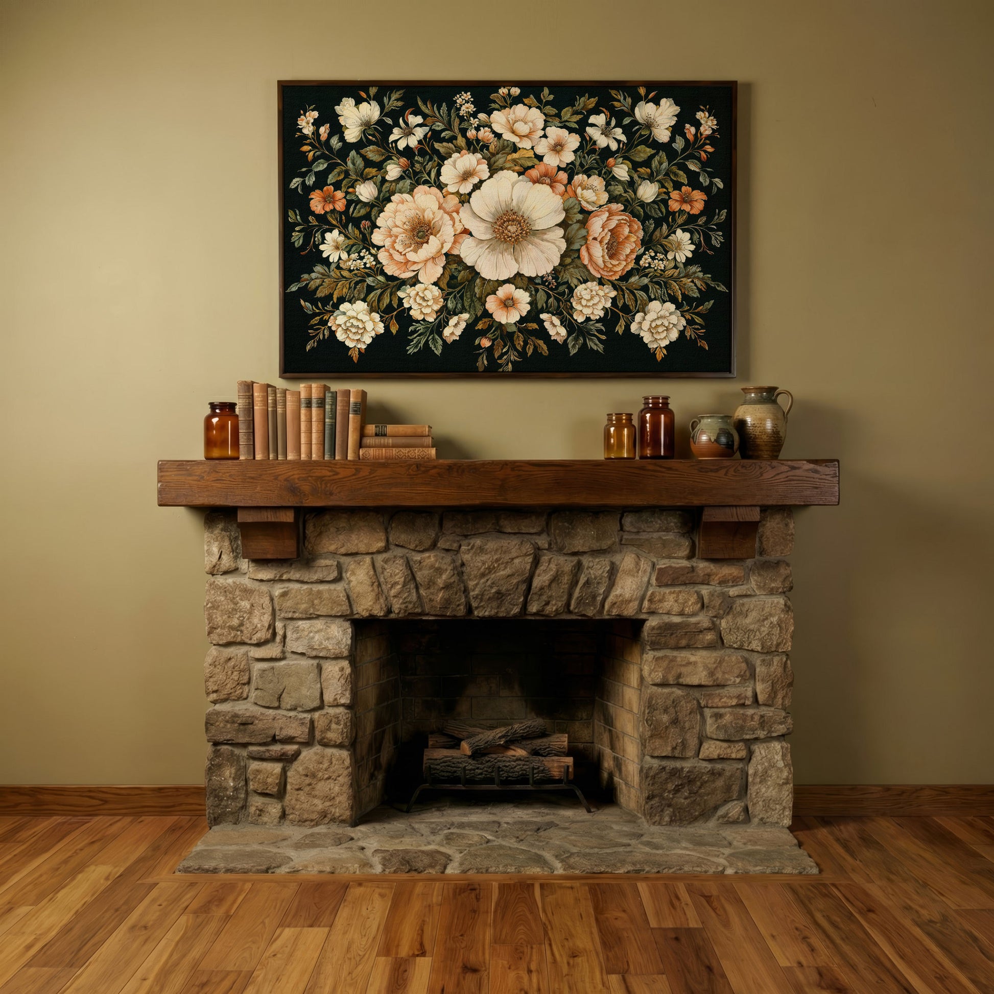 Vintage Floral Bouquet Canvas in dark walnut floating frame