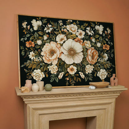 Vintage Floral Bouquet Canvas in white oak floating frame