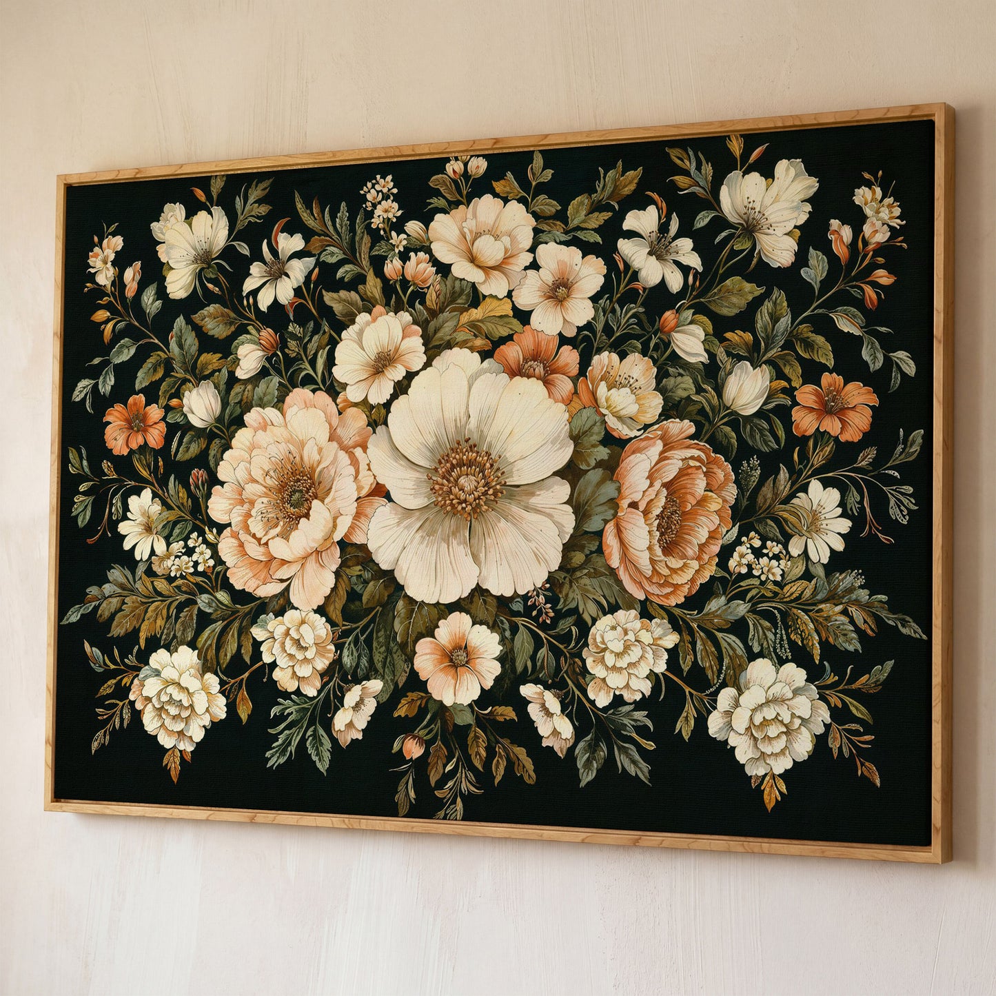 Vintage Floral Bouquet Canvas shown in white oak floating frame