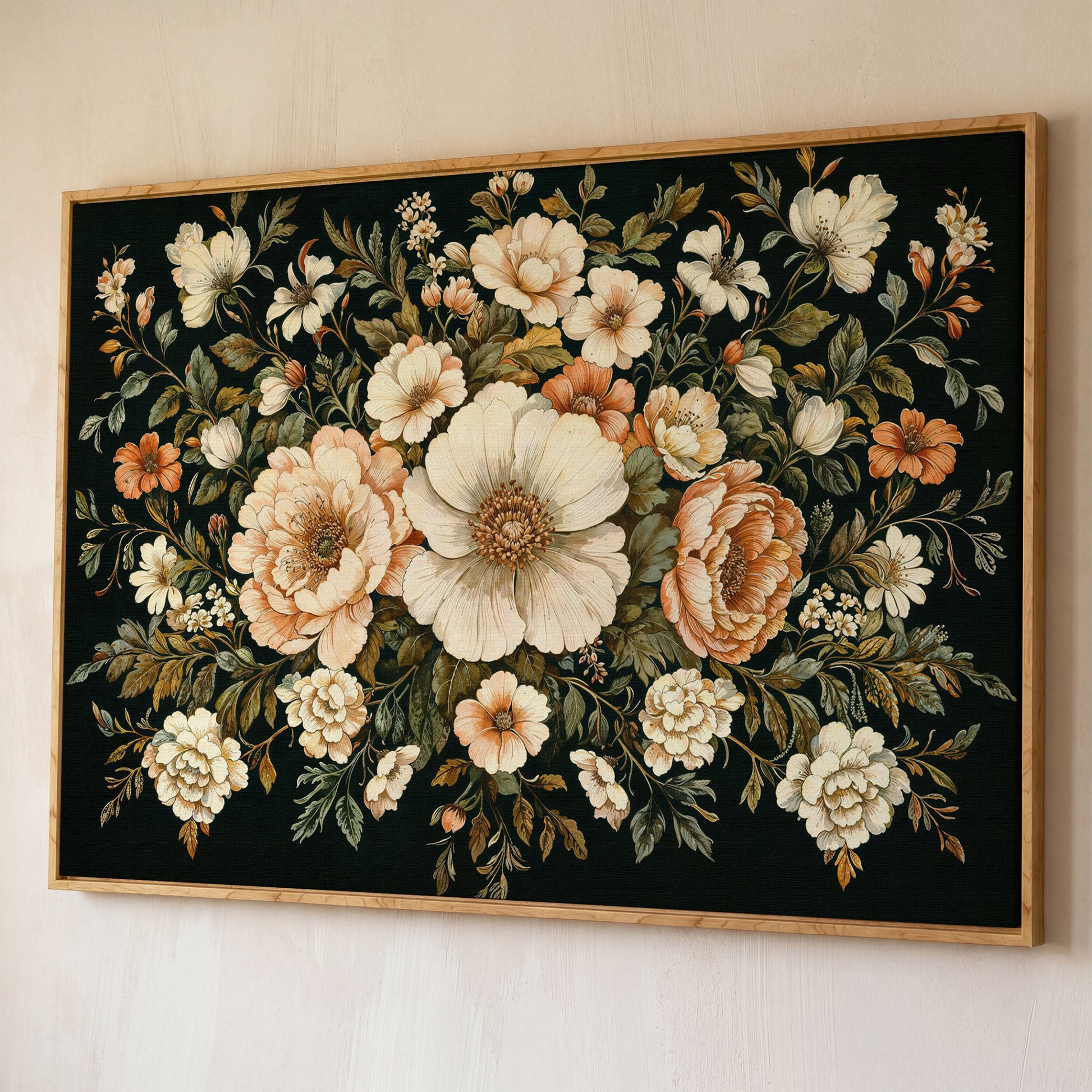 Vintage Floral Bouquet Canvas shown in white oak floating frame