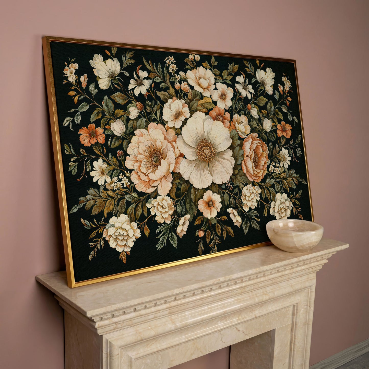 Vintage Floral Bouquet Canvas in rose gold floating frame