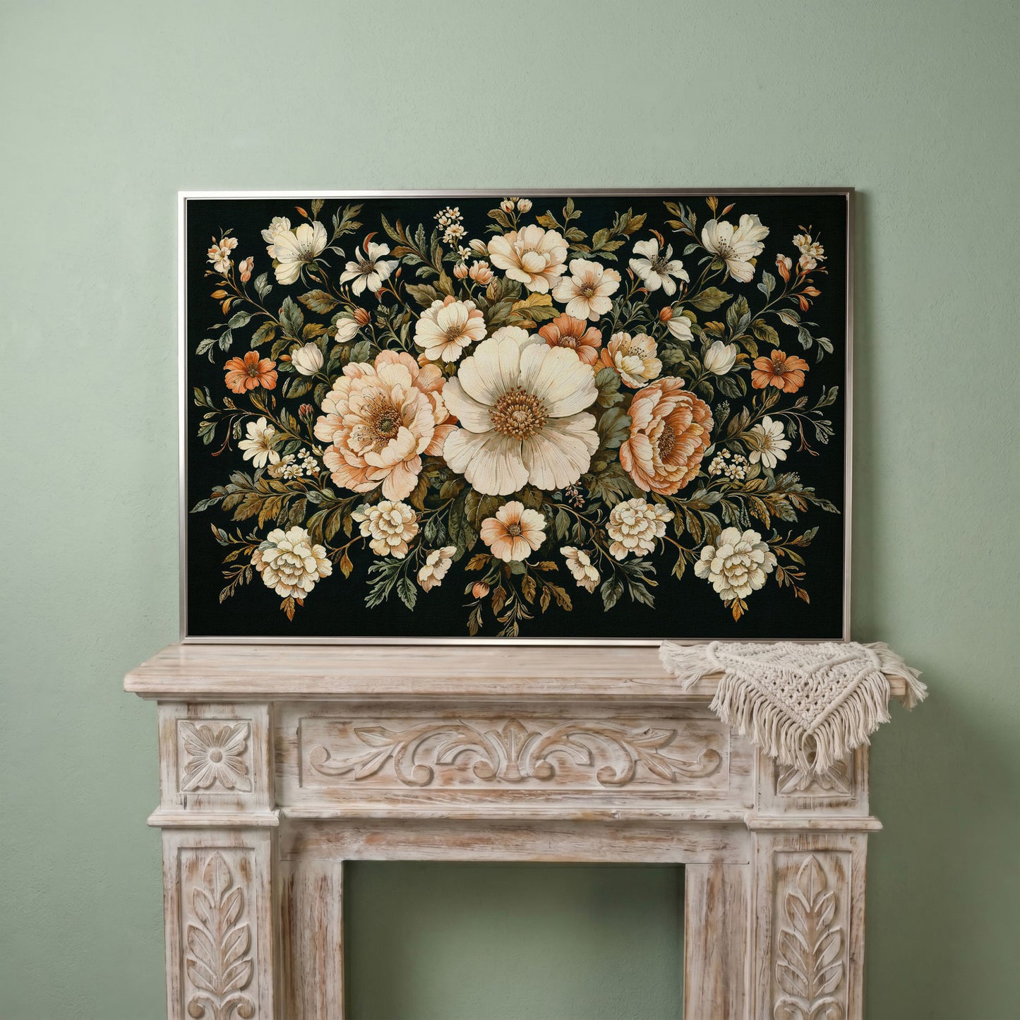 Vintage Floral Bouquet Canvas in silver floating frame