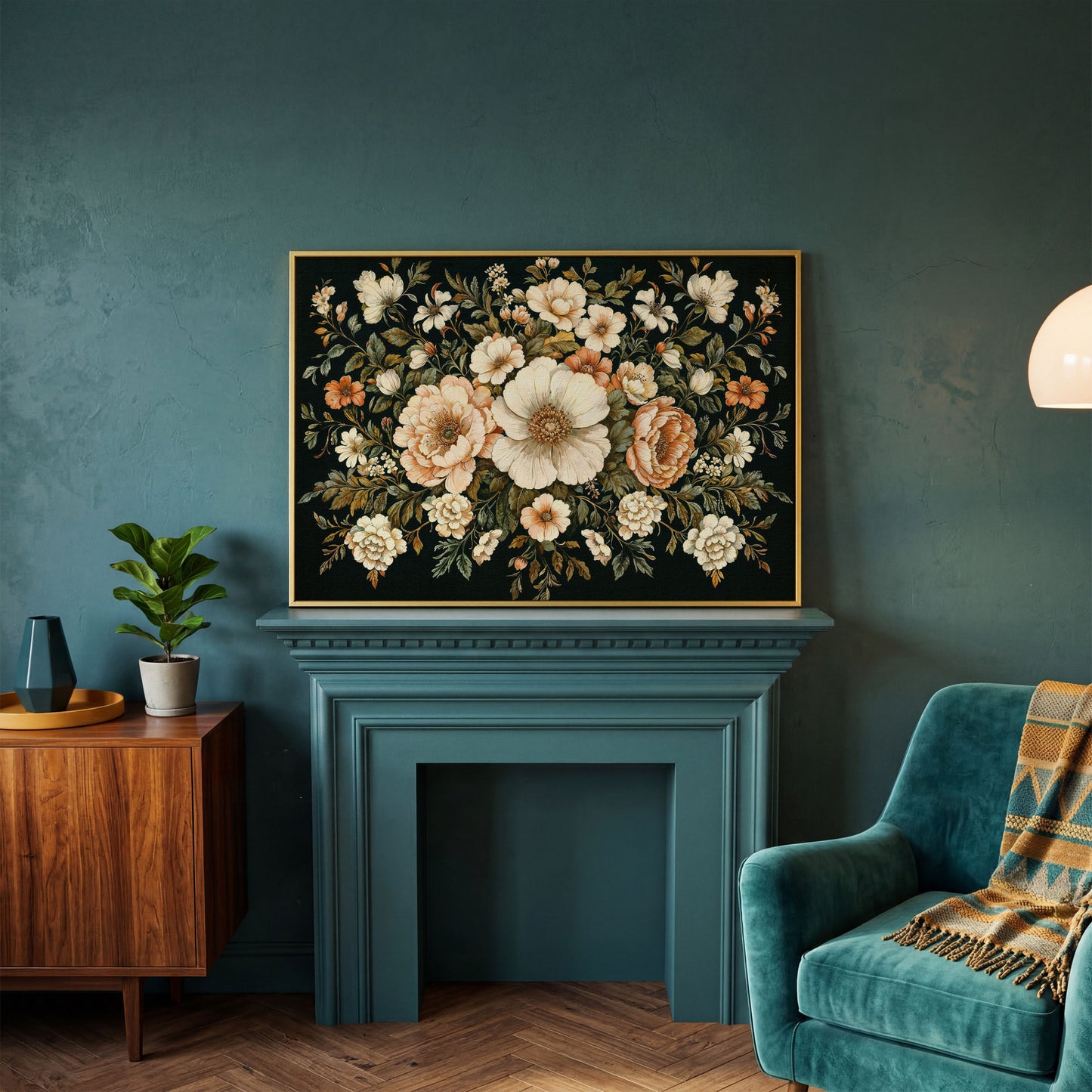 Vintage Floral Bouquet Canvas in yellow gold floating frame