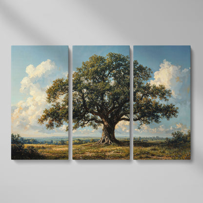 Oak Tree of Life Canvas Print with Rustic Charm as 3-panel split version