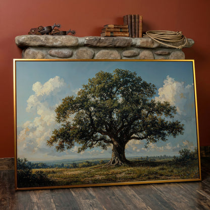 Oak Tree of Life Canvas Print with Rustic Charm in antique gold floating frame