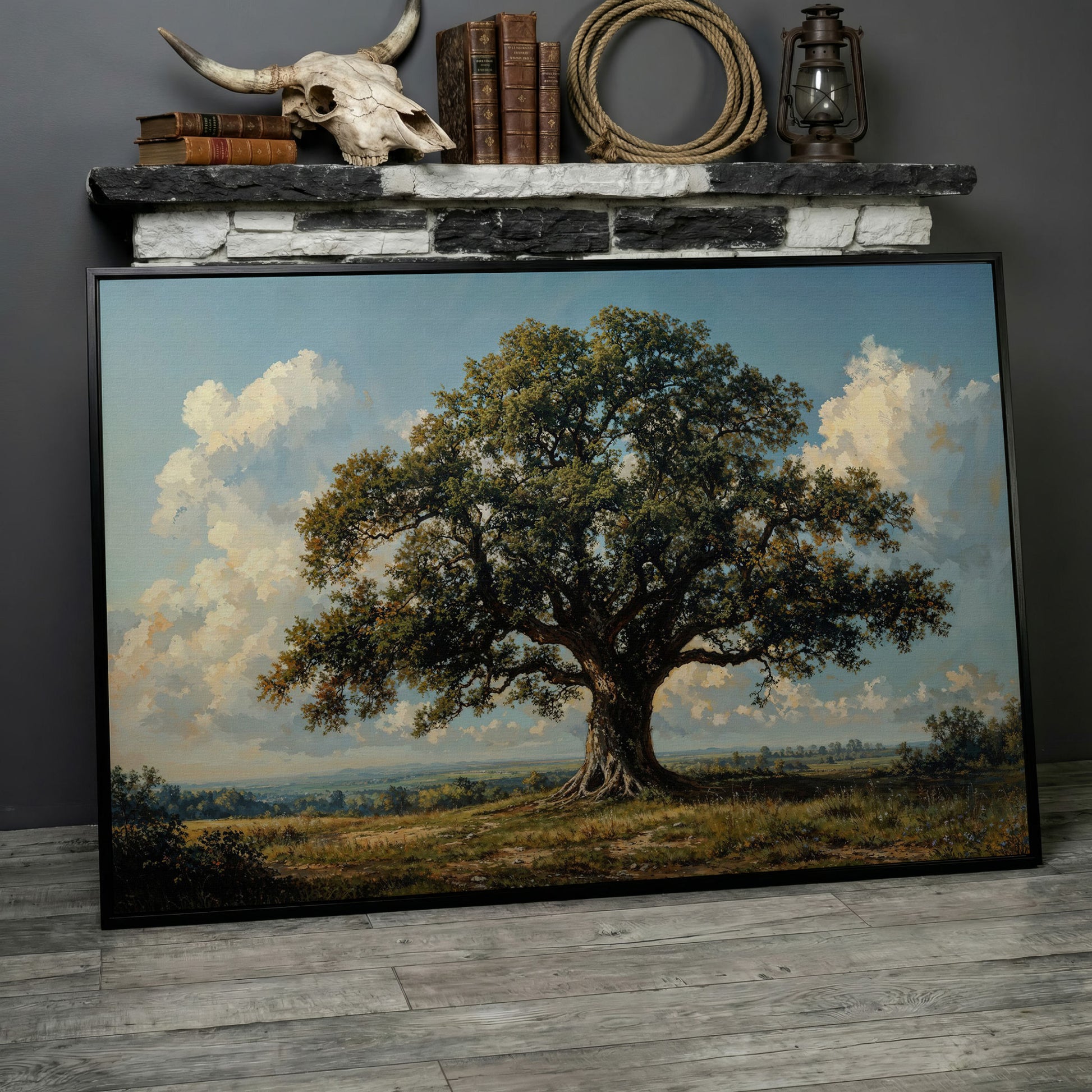 Oak Tree of Life Canvas Print with Rustic Charm in black floating frame