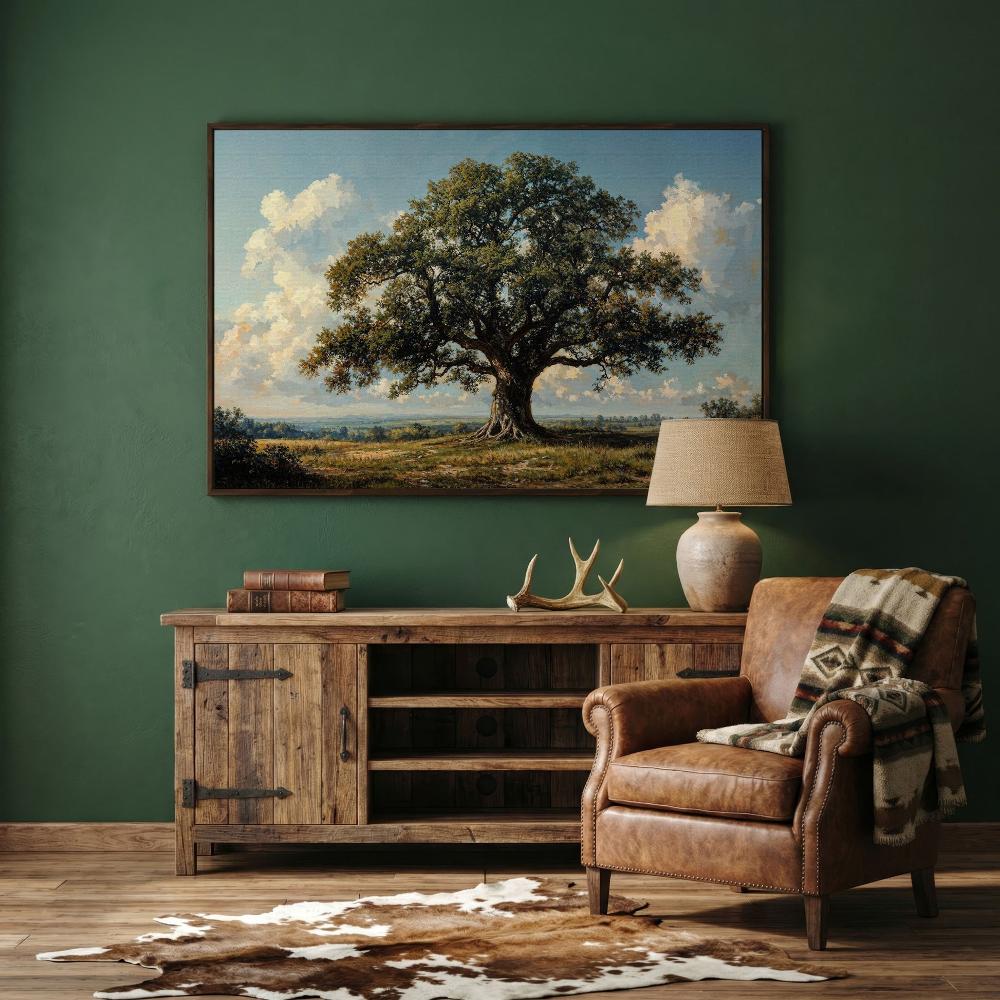 Oak Tree of Life Canvas Print with Rustic Charm in dark walnut floating frame