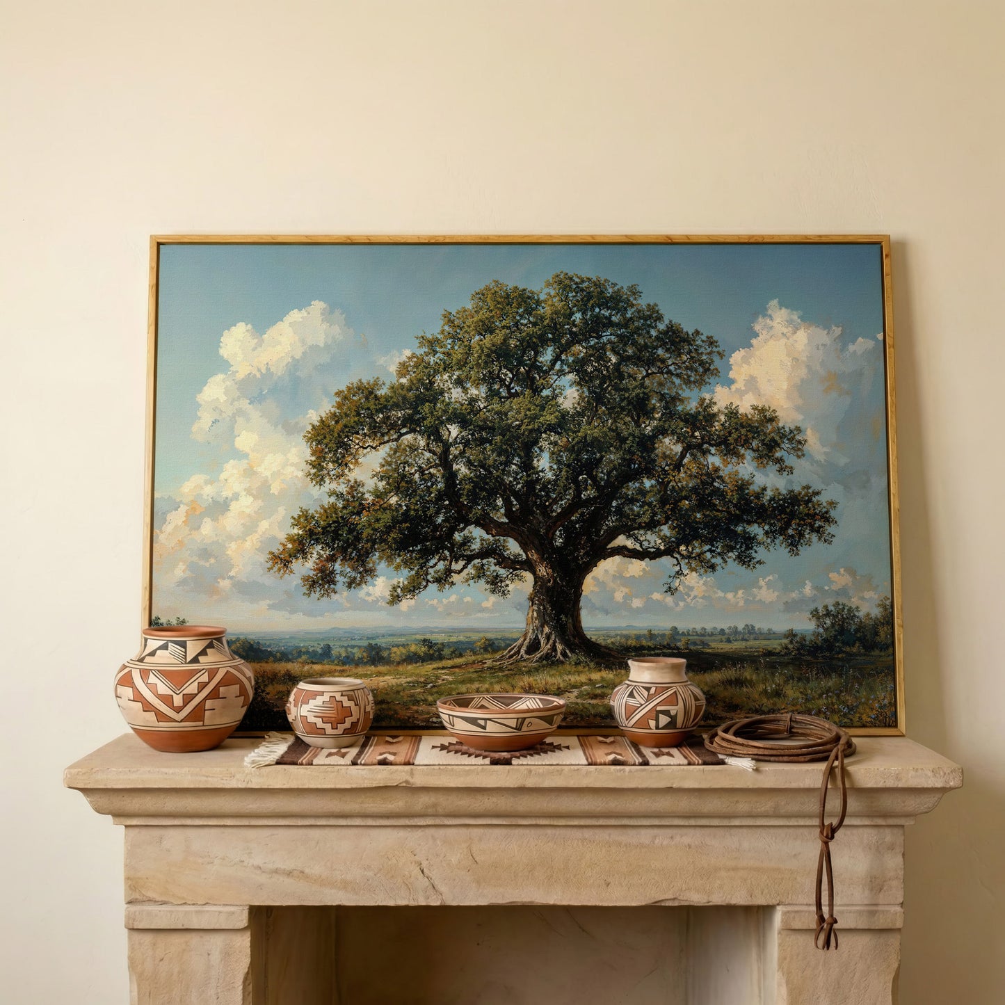Oak Tree of Life Canvas Print with Rustic Charm in white oak floating frame