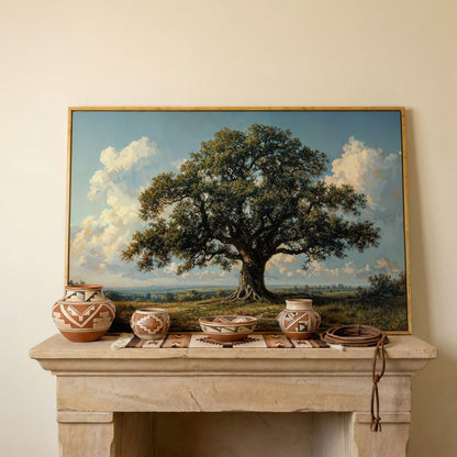 Oak Tree of Life Canvas Print with Rustic Charm in white oak floating frame
