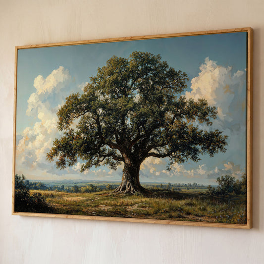 Oak Tree of Life Canvas Print with Rustic Charm shown in white oak floating frame