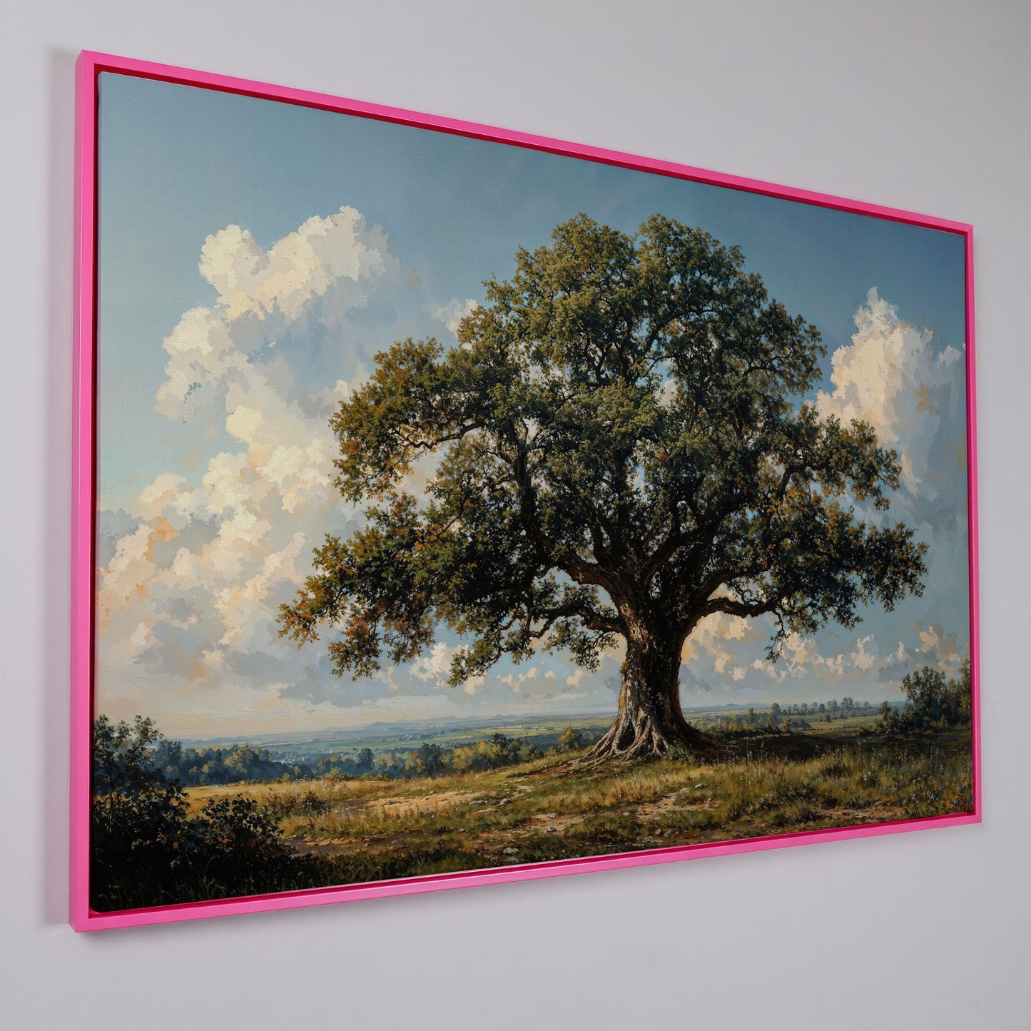 Oak Tree of Life Canvas Print with Rustic Charm in pink floating frame