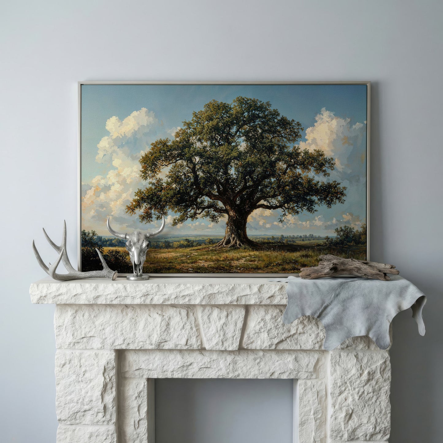 Oak Tree of Life Canvas Print with Rustic Charm in silver floating frame