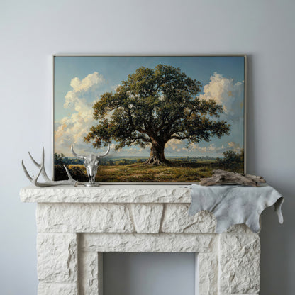 Oak Tree of Life Canvas Print with Rustic Charm in silver floating frame