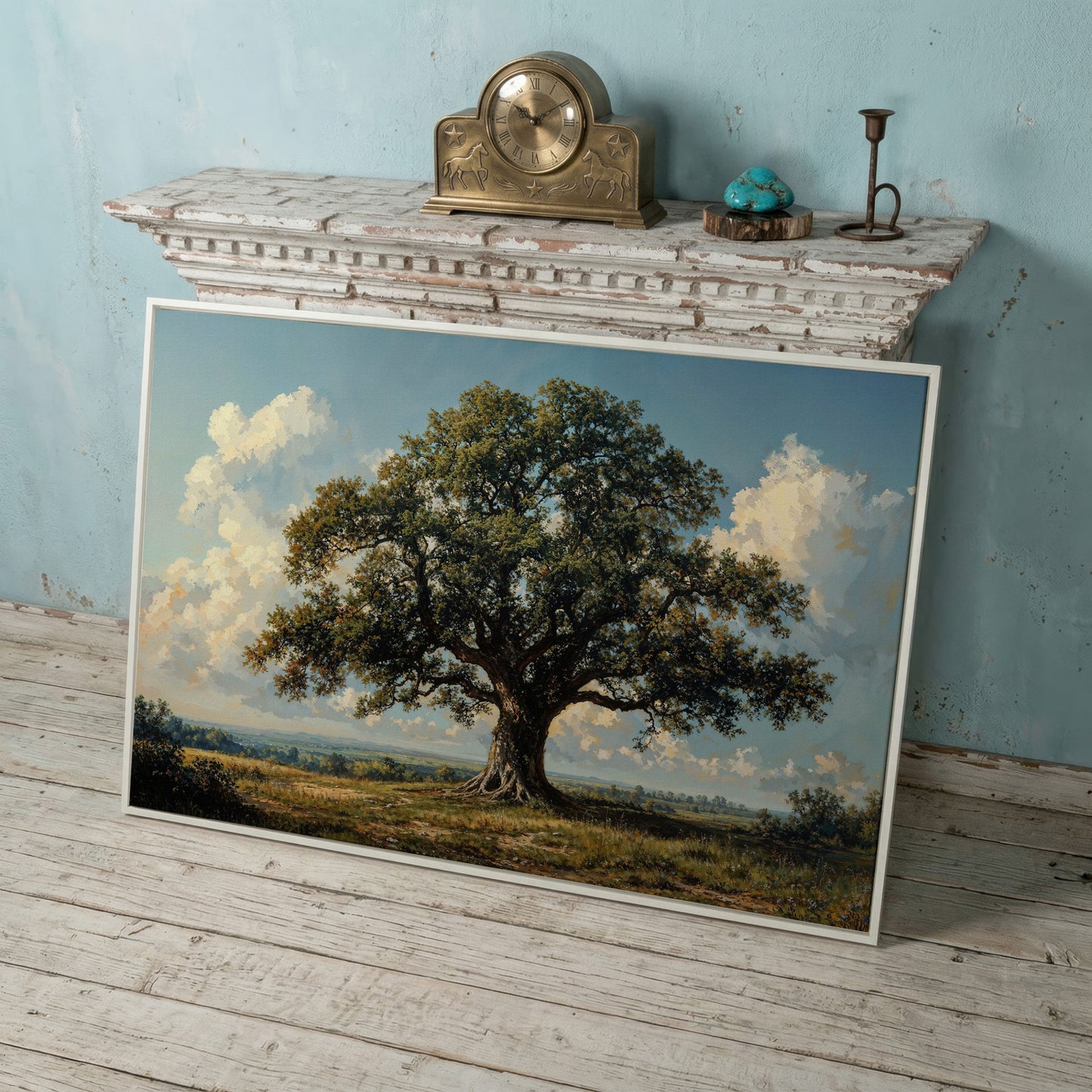 Oak Tree of Life Canvas Print with Rustic Charm in white floating frame