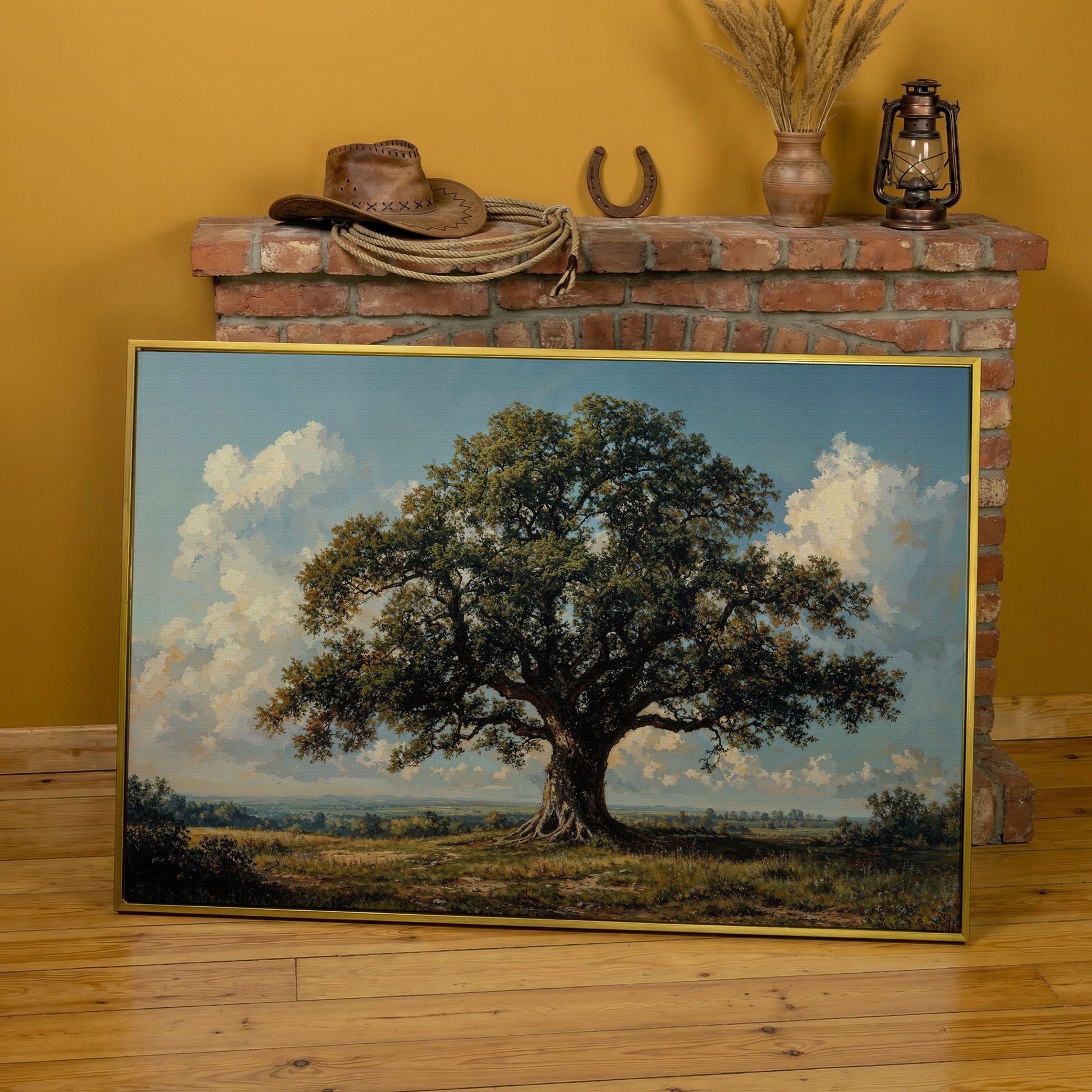 Oak Tree of Life Canvas Print with Rustic Charm in yellow gold floating frame
