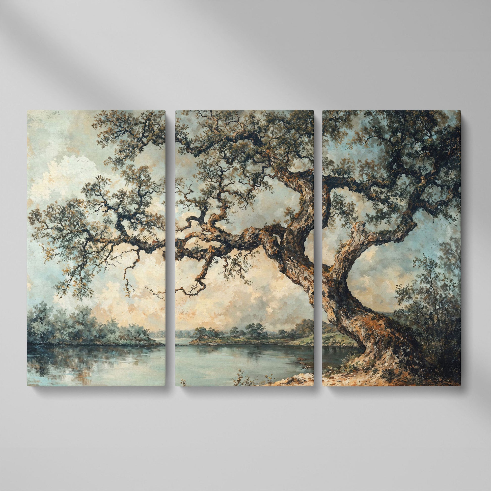 Peaceful Tree by the Lake Canvas Print as 3-panel split version