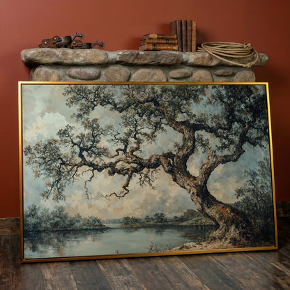 Peaceful Tree by the Lake Canvas Print in antique gold floating frame