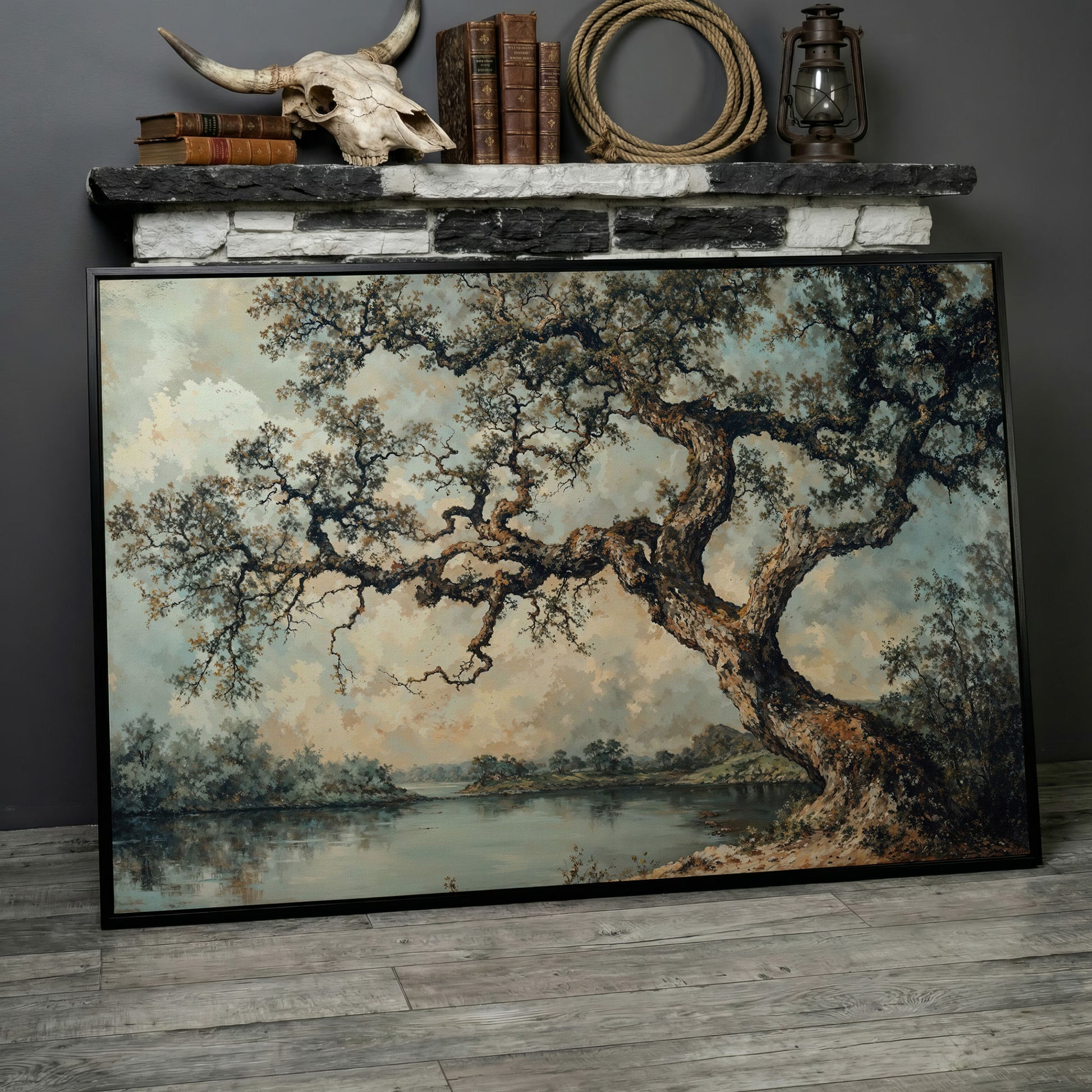 Peaceful Tree by the Lake Canvas Print in black floating frame