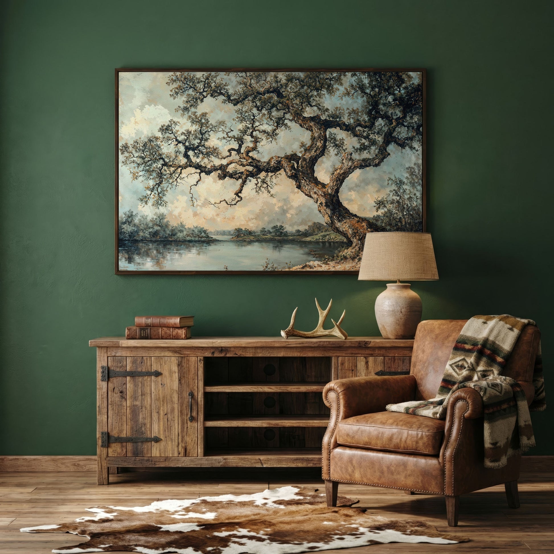Peaceful Tree by the Lake Canvas Print in dark walnut floating frame