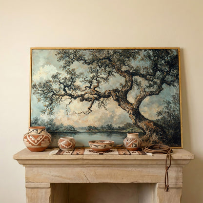 Peaceful Tree by the Lake Canvas Print in white oak floating frame