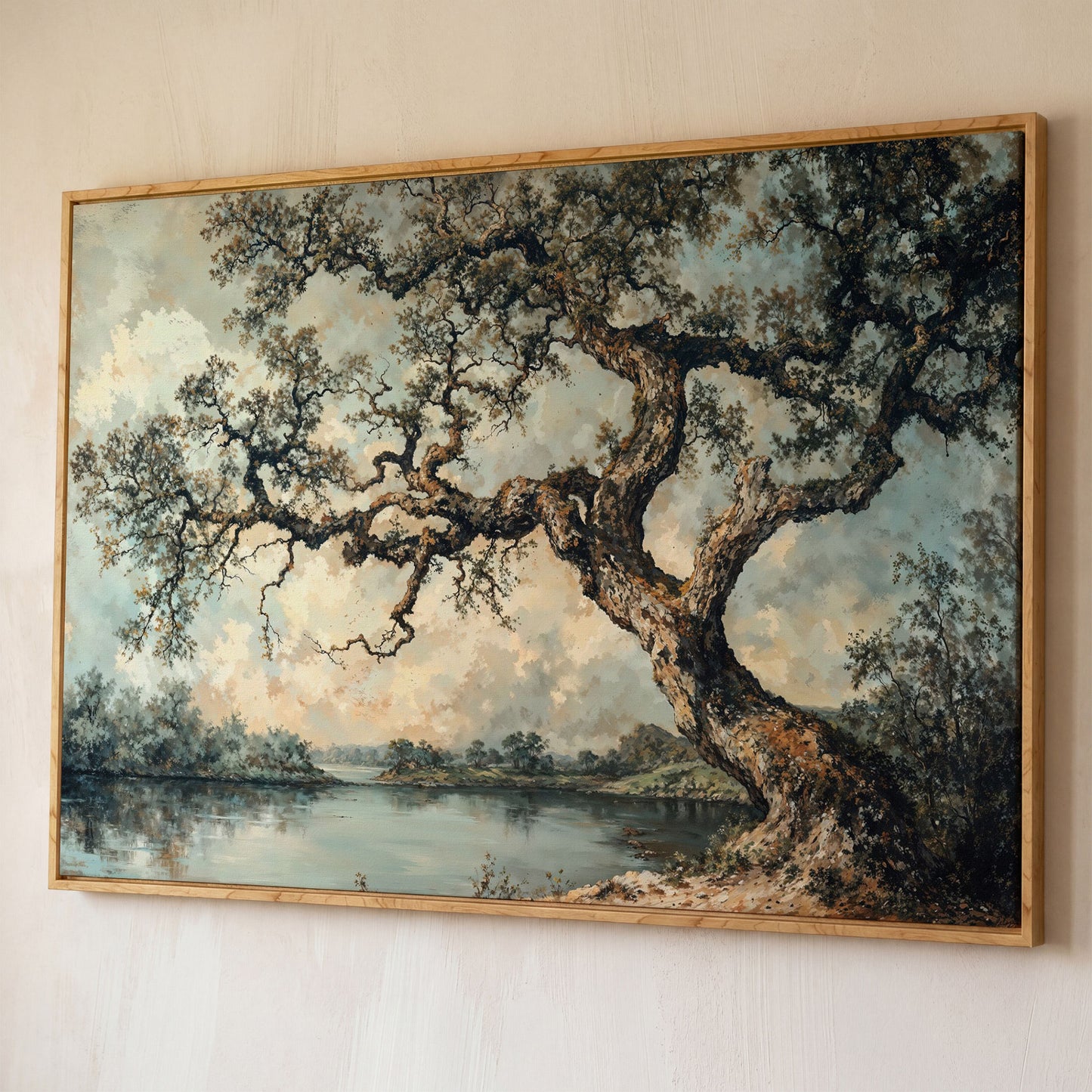 Peaceful Tree by the Lake Canvas Print shown in white oak floating frame